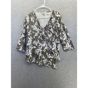 Orvis Women's Blouse Surplice Brown White Floral 3/4 Sleeve Medium Cotton